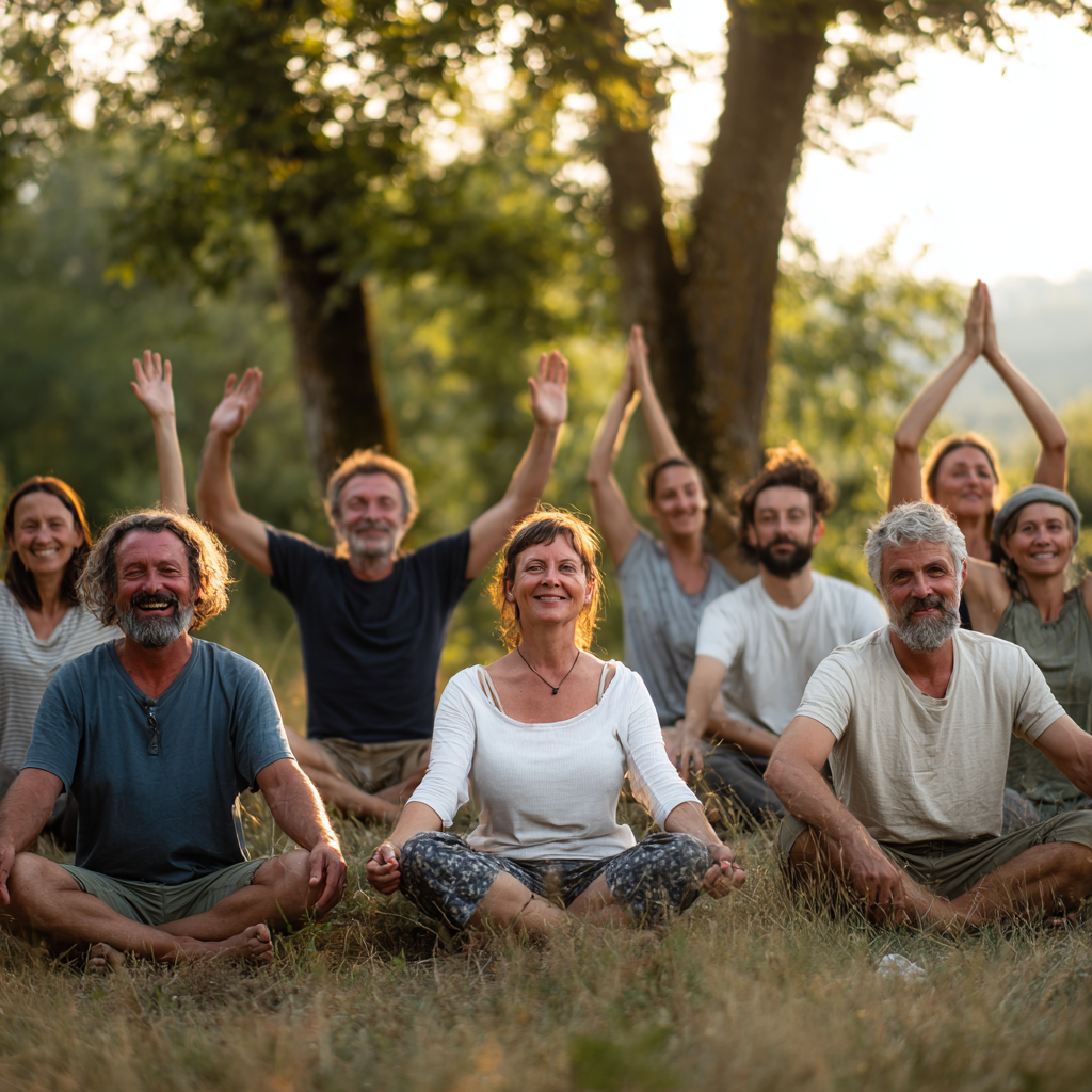 Група хора от различни възрасти правят йога в природата, усмихвайки се и изглеждайки спокойни и щастливи