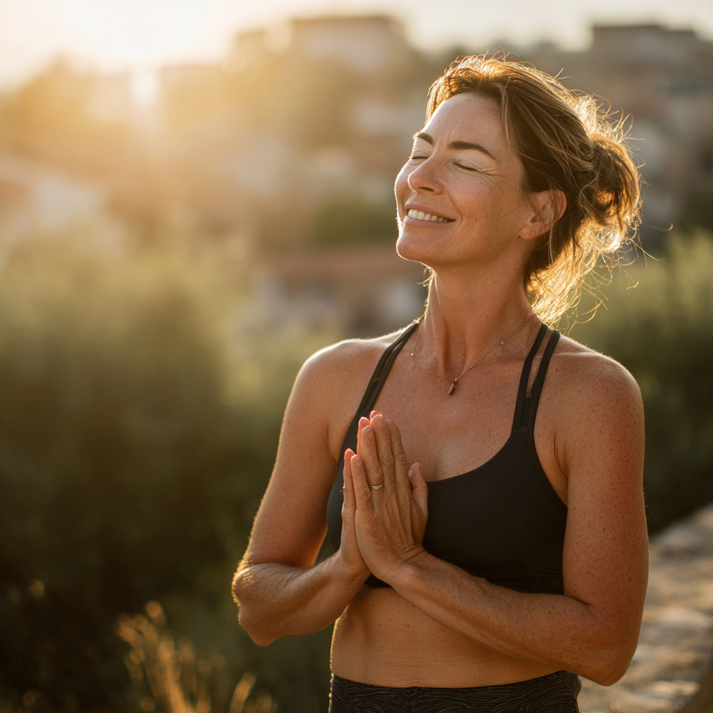 Зряла жена практикува йога на открито сутрин, усмихната и изглежда енергична и спокойна